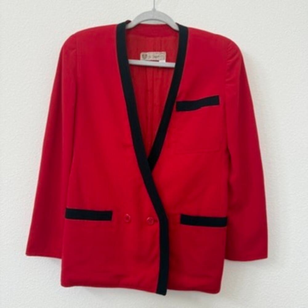GUCCI Vintage Red Wool Blazer Black Trim Tuxedo Style Italy Size S Old Money‎